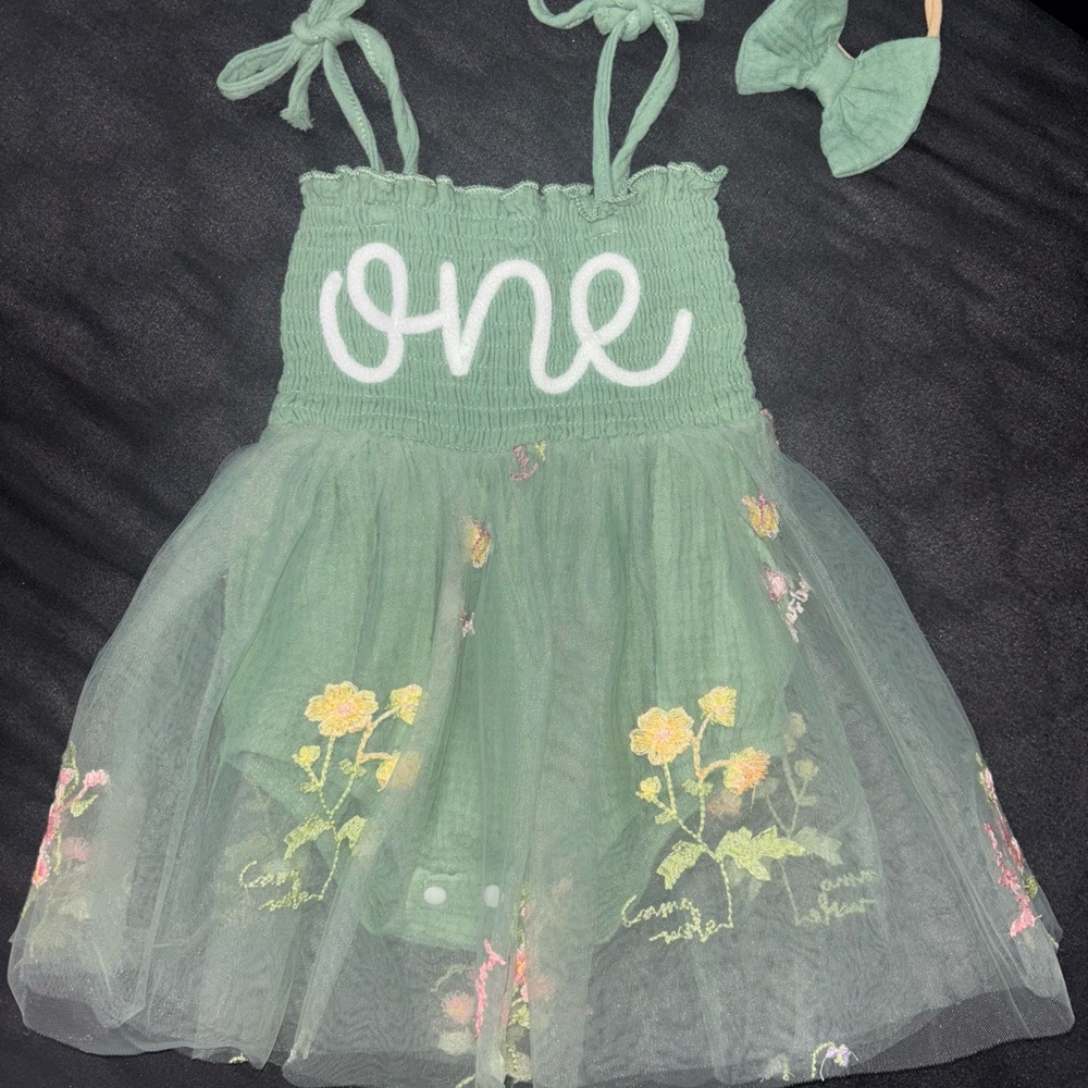First Birthday Green Tulle Dress with Floral Embroidery